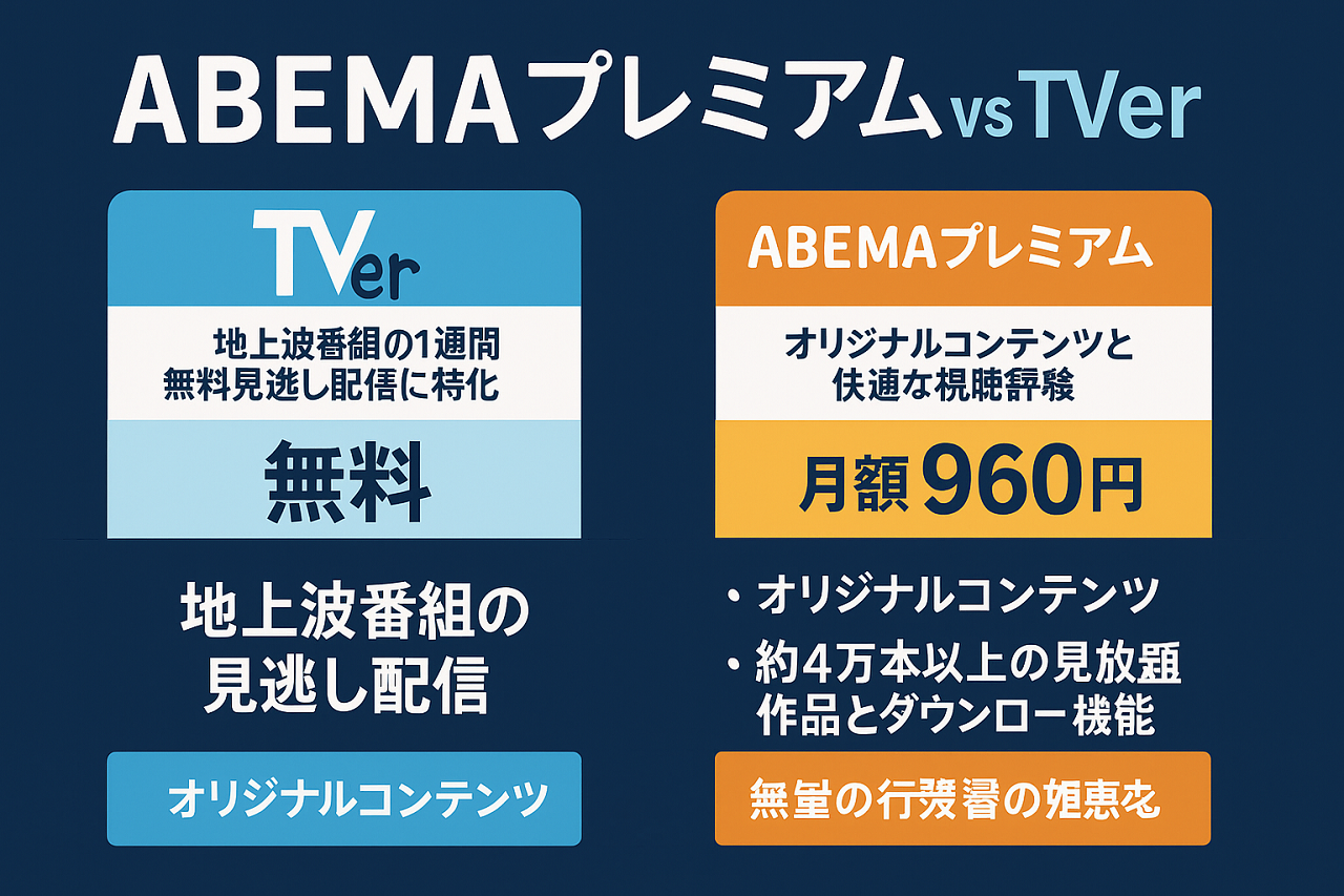 ABEMAプレミアムとTVerの違いを比較した解説画像（料金・機能・見放題作品数などの比較表）