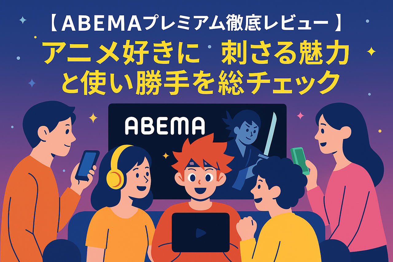 ABEMAプレミアムでアニメを楽しむ若者や家族を描いたデジタルイメージ