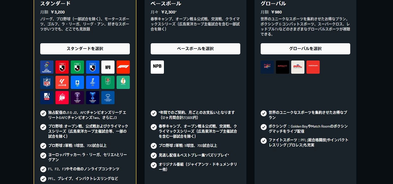DAZNの料金プラン表