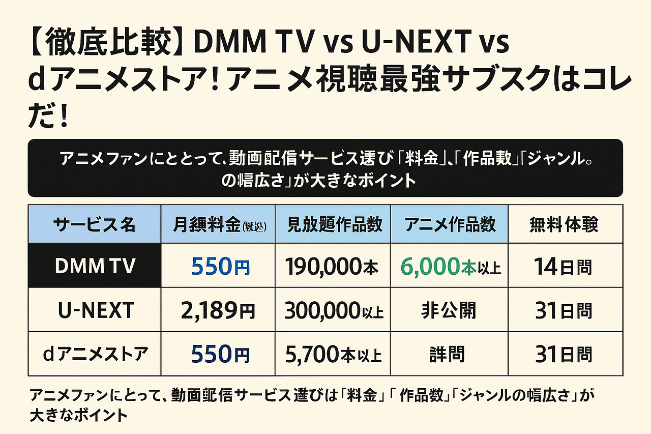 DMM TV・U-NEXT・dアニメストアのアニメ配信比較表（料金・作品数・特徴など）