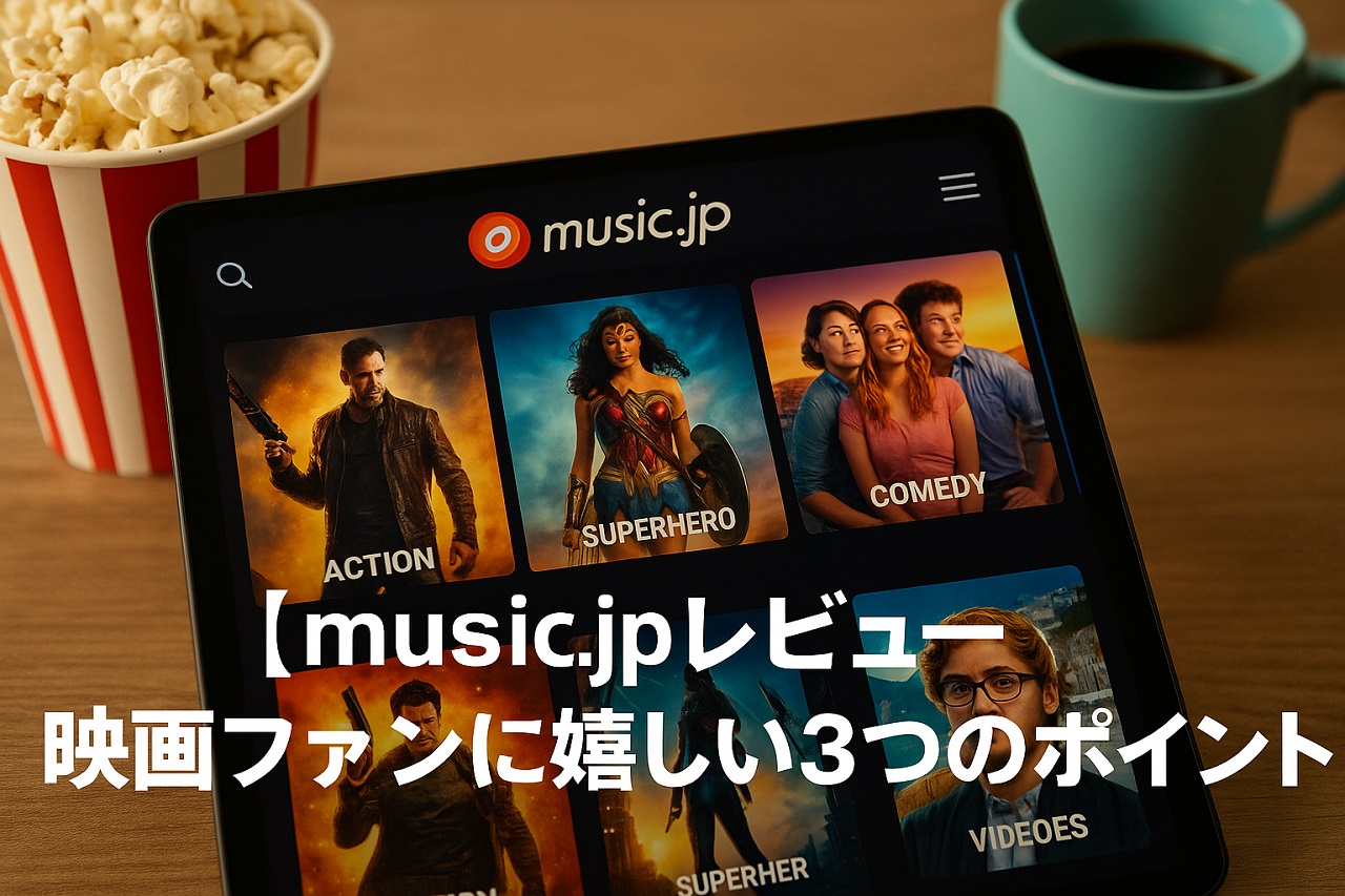 music.jpで映画を楽しむ3つのポイントを紹介するプロモーション画像。タブレット画面に映画ポスターが並び、ポップコーンとコーヒーも写っている。