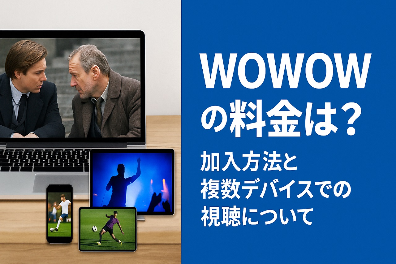 WOWOWの料金や加入方法、5台まで使える複数デバイス視聴の仕組みを解説した図