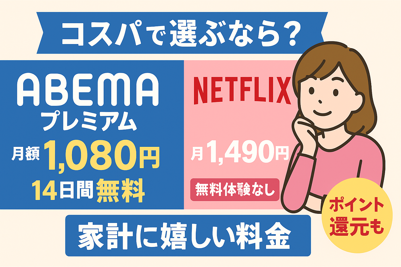 ABEMAプレミアムとNetflixの料金・無料体験・コスパ面を比較したインフォグラフィック