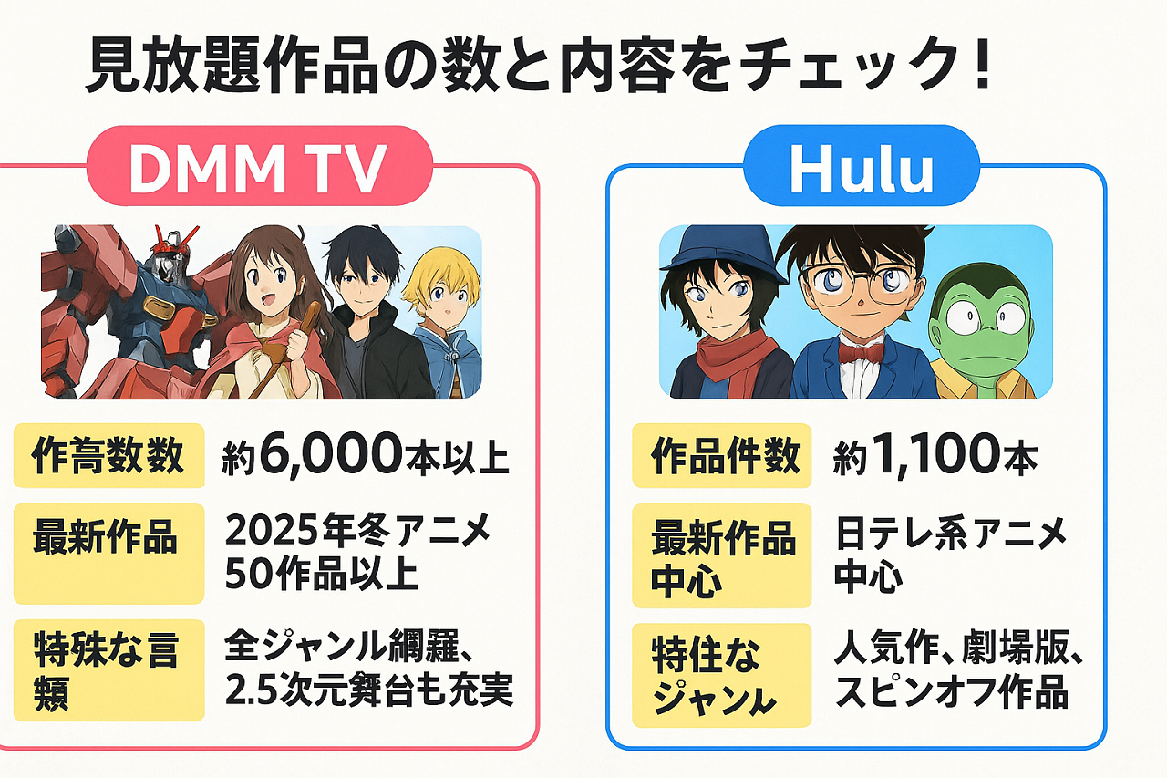 DMM TVとHuluのアニメ配信数・ジャンルの比較表