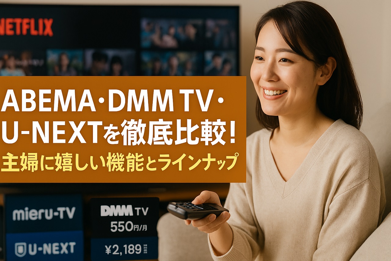 3つのVODサービスを比較しながら、主婦がスマホで視聴機能や作品数を調べている場面。テレビ画面には各サービスのUI風デザイン。