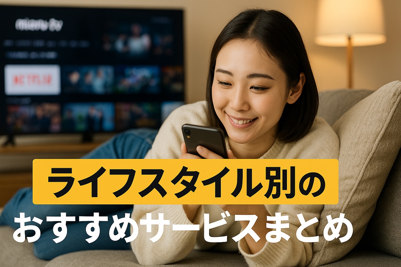 ソファでくつろぎながらスマホを使い、自分のライフスタイルに合ったアニメ配信サービスを探す女性の様子。背景にテレビ画面あり。