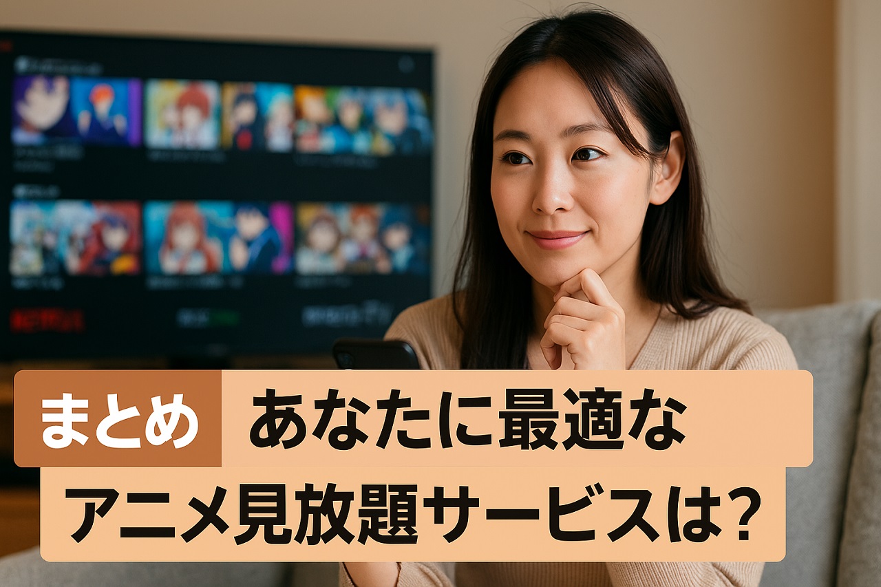配信中のアニメが映るテレビを前に、スマホを手に最適なアニメ配信サービスを考えている女性。柔らかい照明のリビングでのひととき。
