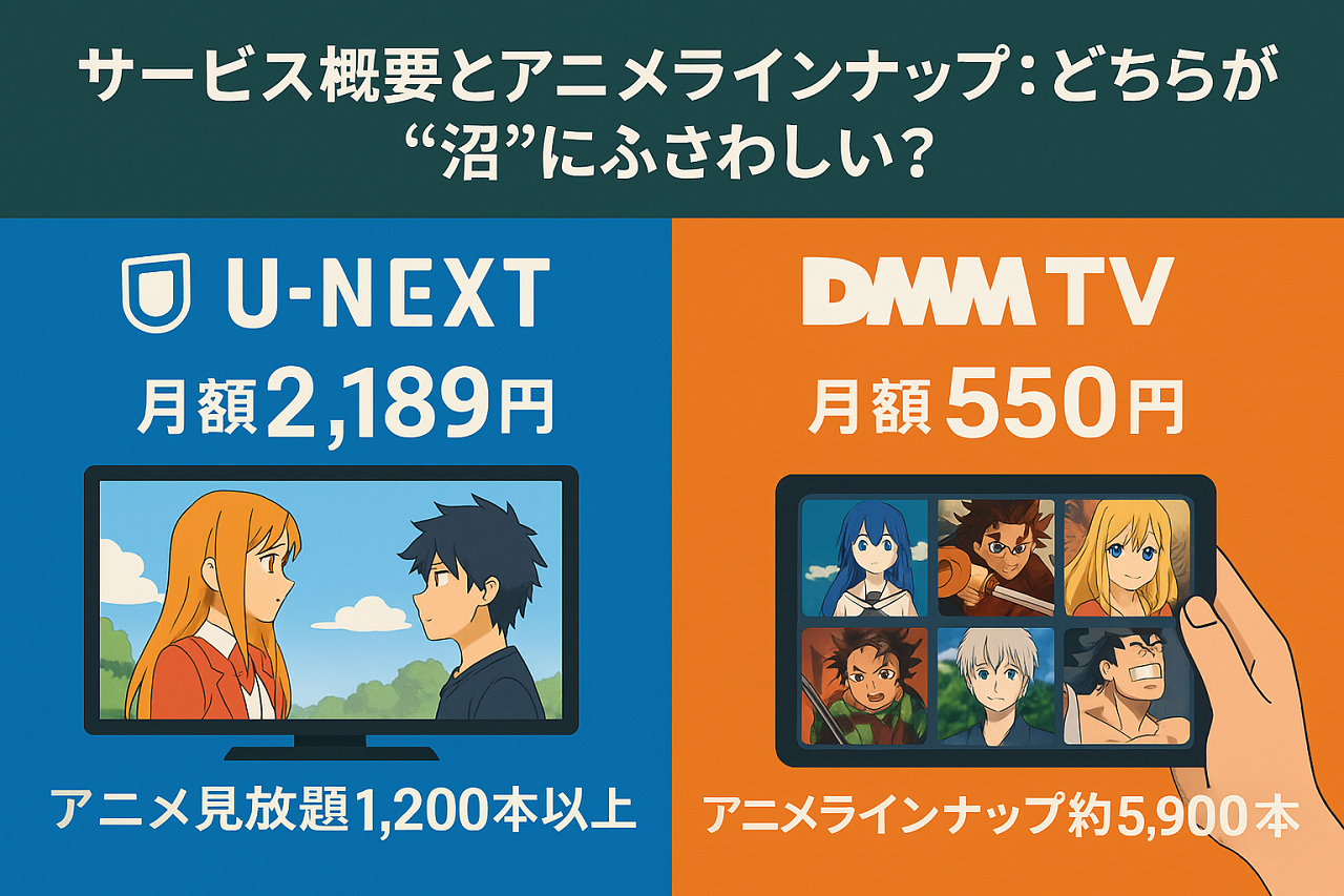 U-NEXTとDMM TVのアニメ作品数と月額料金を比較したインフォグラフィック