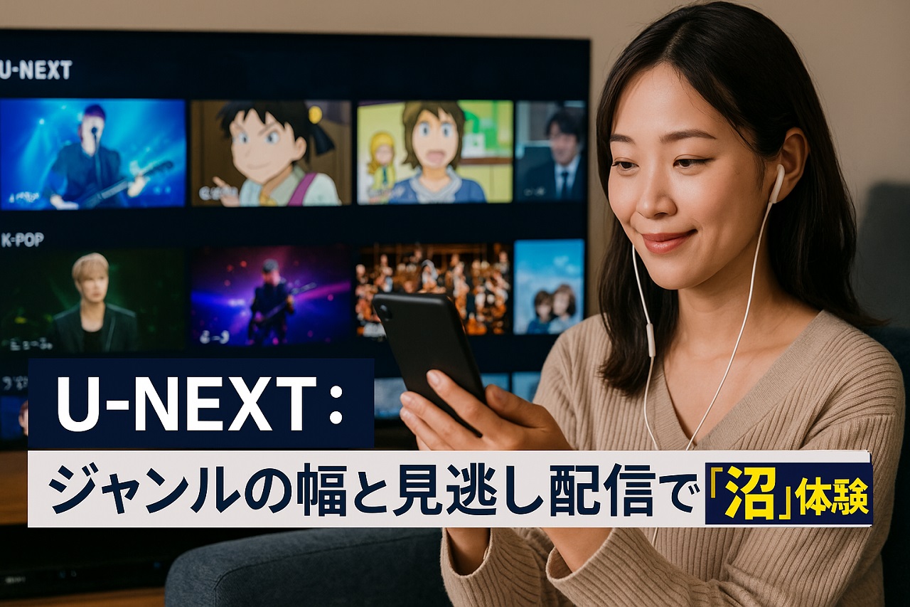 U-NEXTの音楽ジャンルの豊富さと見逃し配信の魅力を紹介するビジュアル。J-POPやK-POPのライブ演出が画面に表示されている。