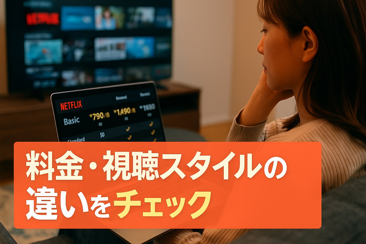 WOWOWとU-NEXTの料金や視聴スタイルの違いを表すグラフィック。クラシックや洋楽VODの月額比較を表現。