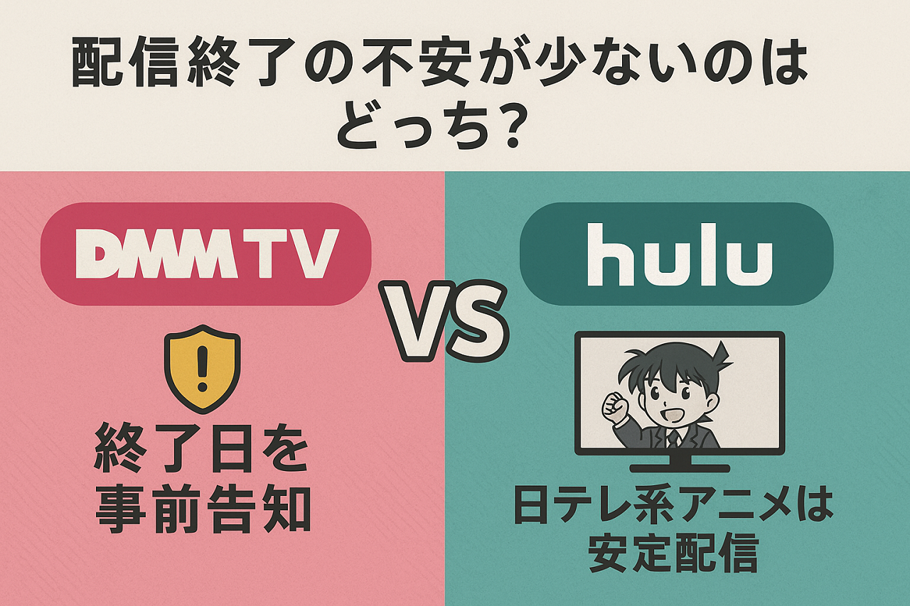 DMM TVとHuluの配信終了リスクを比較したインフォグラフィック（契約期間・告知の有無・安定配信）