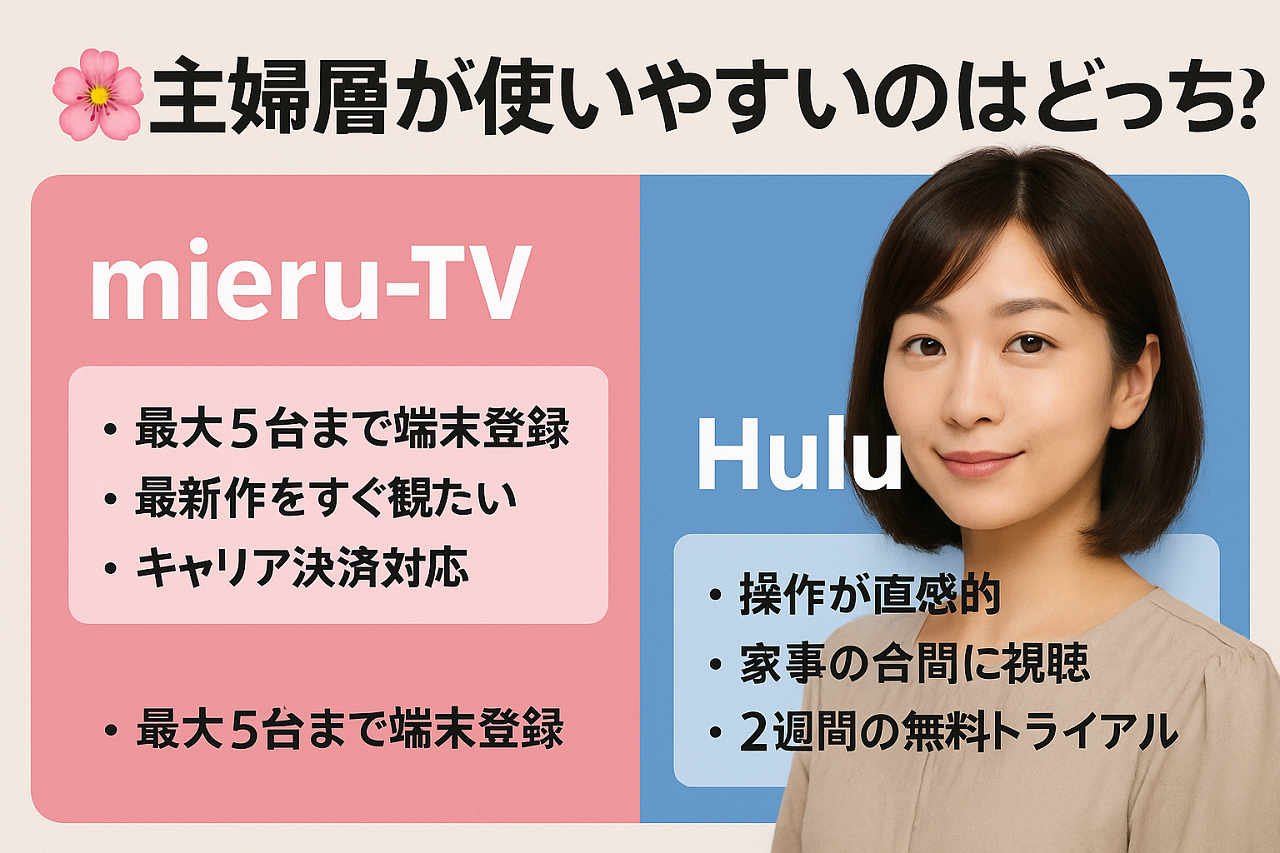 主婦層にとって使いやすい動画配信サービスをmieru-TVとHuluで比較したビジュアル