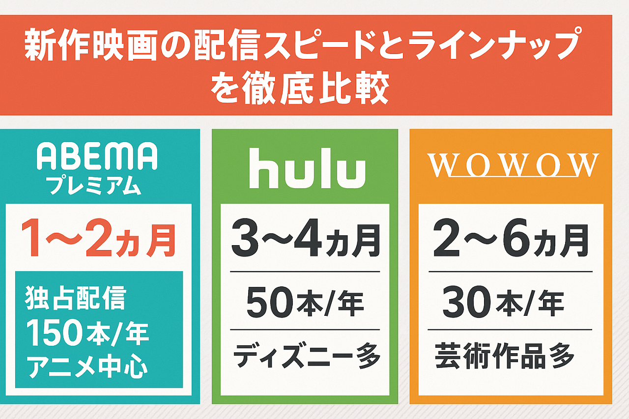 ABEMA、Hulu、WOWOWの新作映画の配信スピードと独占作品数・ジャンルの比較表