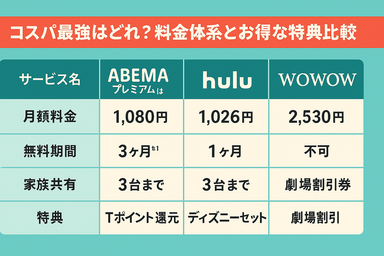 ABEMA、Hulu、WOWOWの料金や無料期間、家族共有、特典を比較した料金表グラフィック