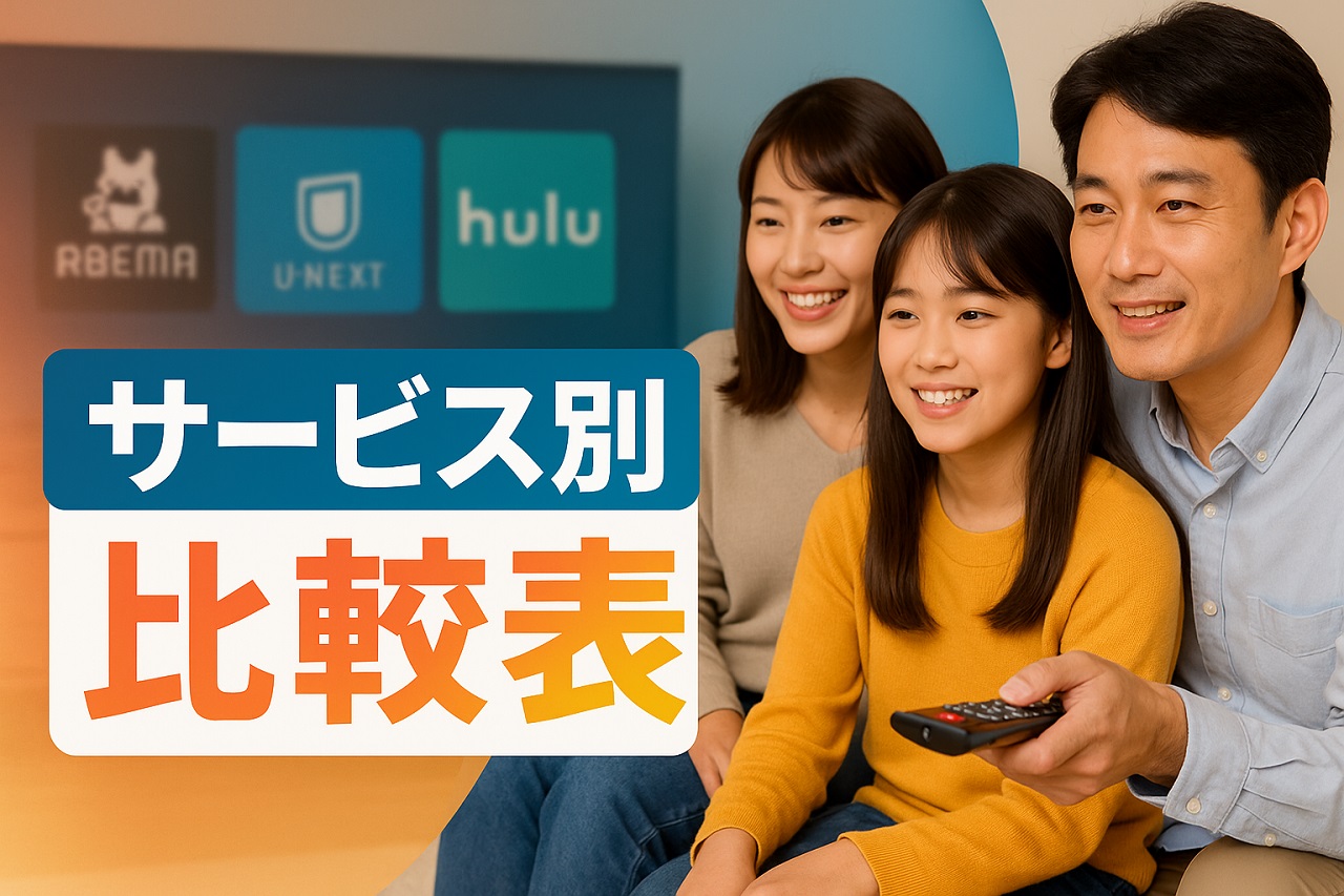 家族がテレビで吹替対応VODを楽しんでいる様子。リモコンを手に笑顔で見つめるシーンに、サービス別比較のテキストを重ねている。