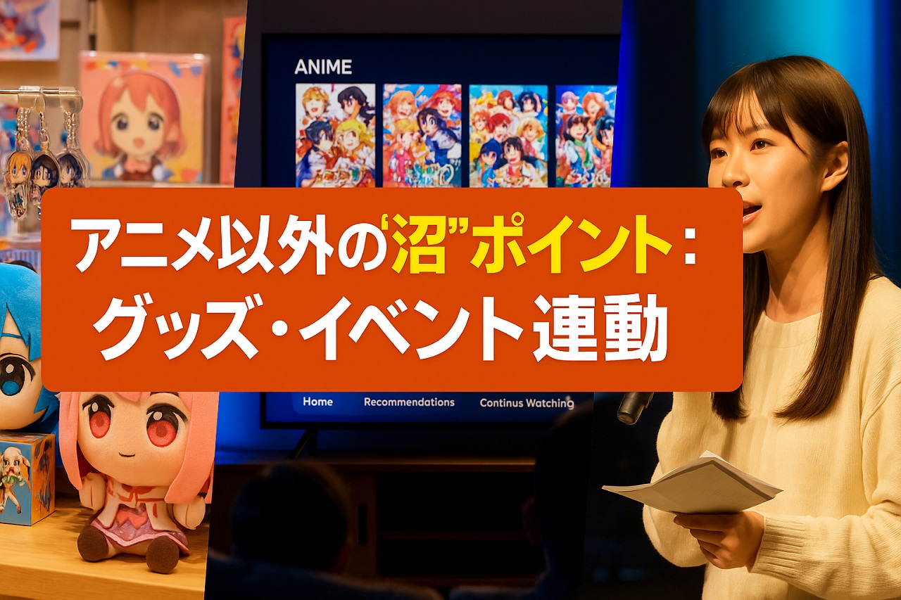 アニメグッズや声優イベント、配信画面などを組み合わせた、アニメ以外の沼要素を表現するプロモーション画像