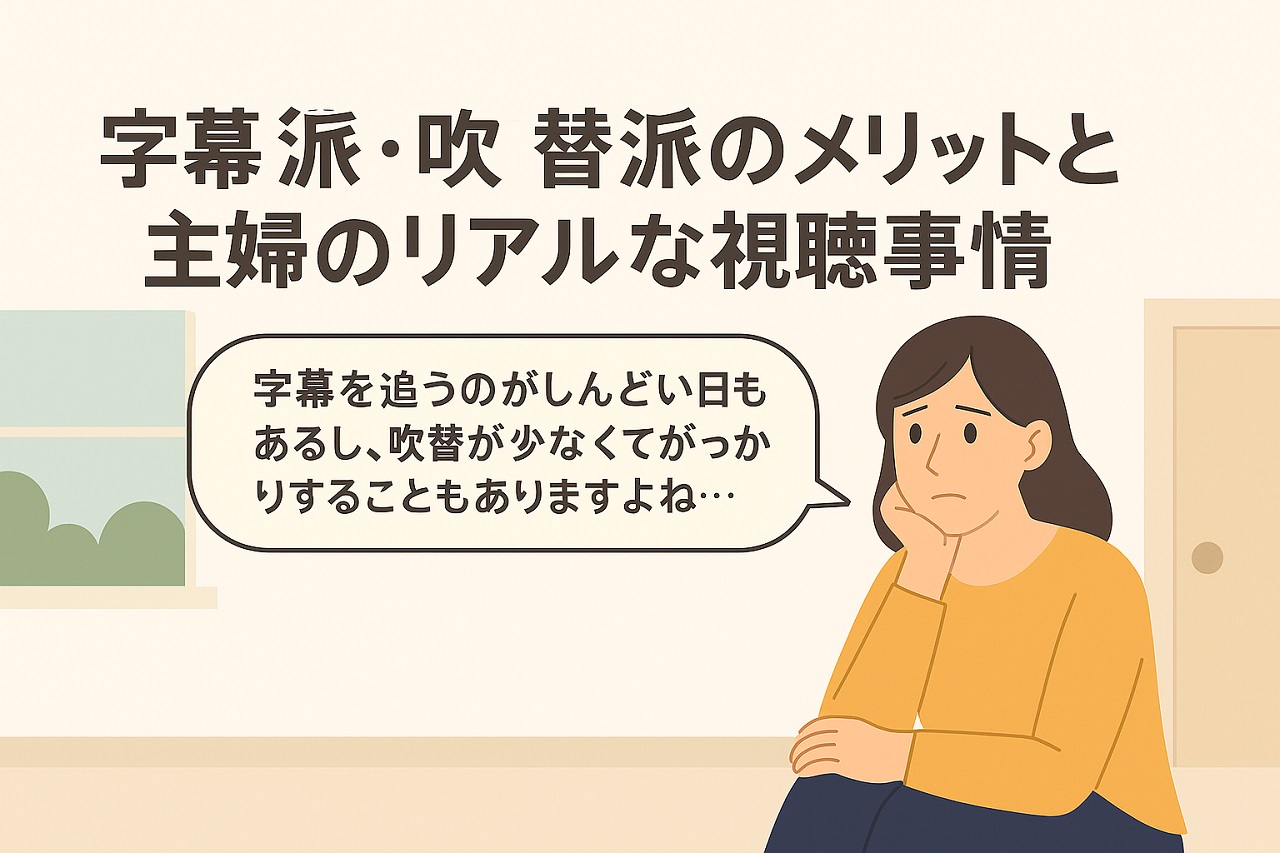 韓国ドラマの字幕派と吹替派のメリット・デメリットを比較し、主婦が自分に合った視聴スタイルを選ぶ様子を描いた図