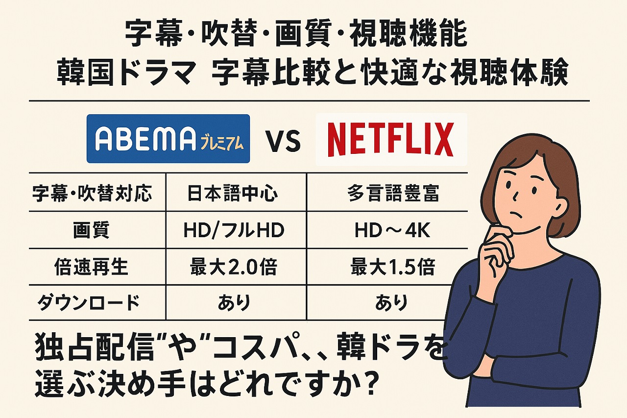 ABEMAプレミアムとNetflixの字幕・吹替・画質・視聴機能を比較した表。韓国ドラマ視聴における快適さとコスパの違いを検討する女性のイラスト付きインフォグラフィック