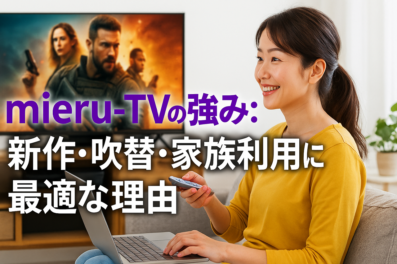 日本人家族がテレビでmieru-TVを楽しむ様子と、複数端末利用やポイント制の特徴を紹介するプロモーション画像。