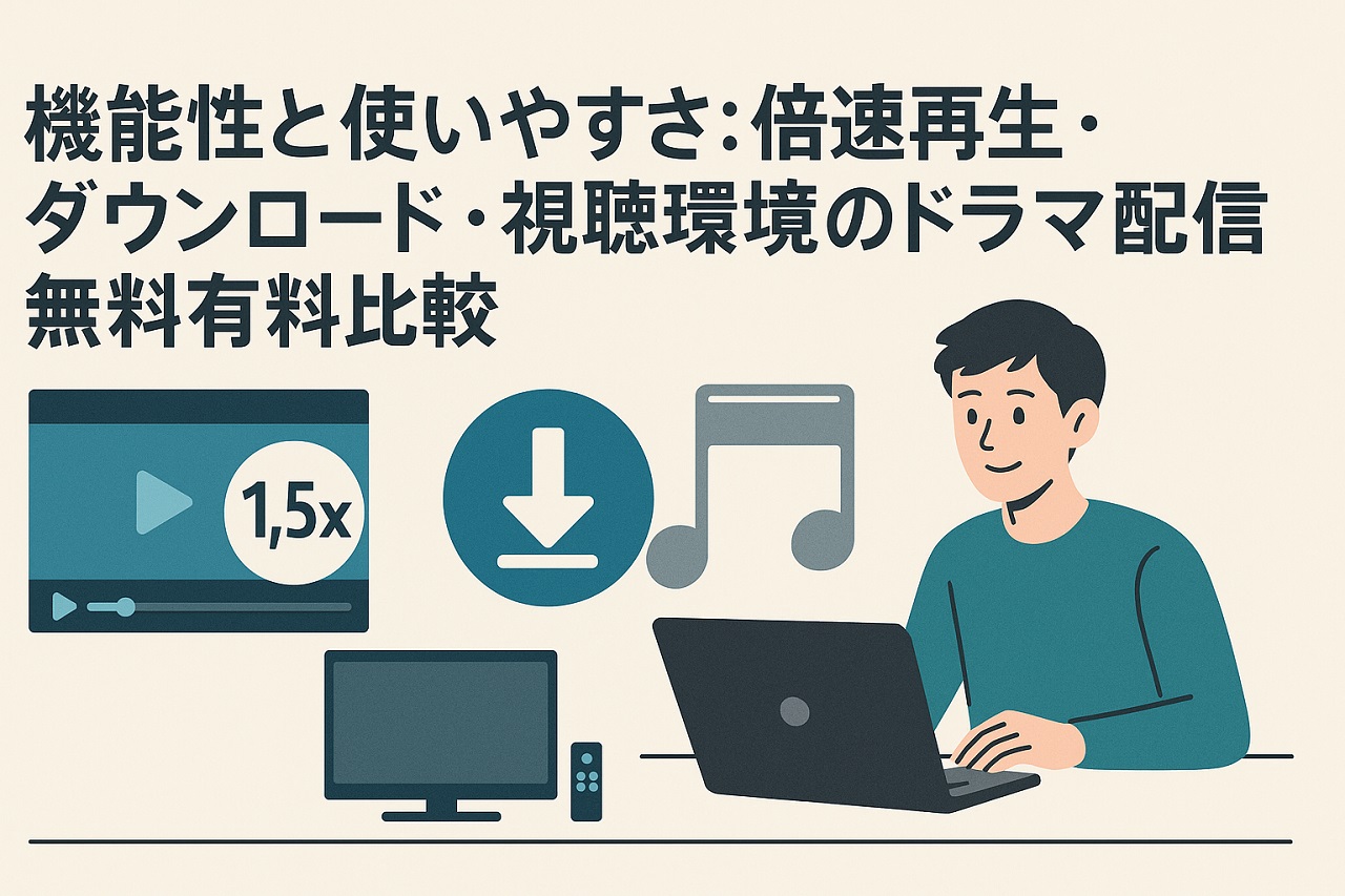 無料と有料のドラマ配信サービスの違いを、倍速再生・ダウンロード・視聴環境の機能面から比較した図解