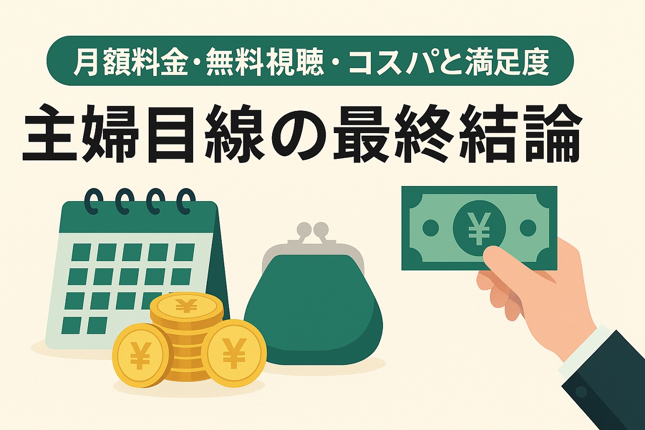 主婦の視点で月額料金・無料視聴・コスパを比較し、満足度を重視した判断を表現したインフォグラフィック