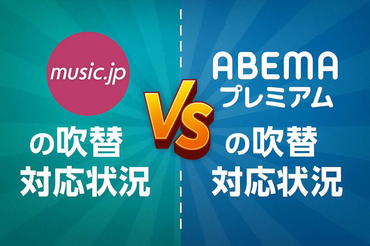 吹替対応状況を比較するmusic.jpとABEMAプレミアムの図解