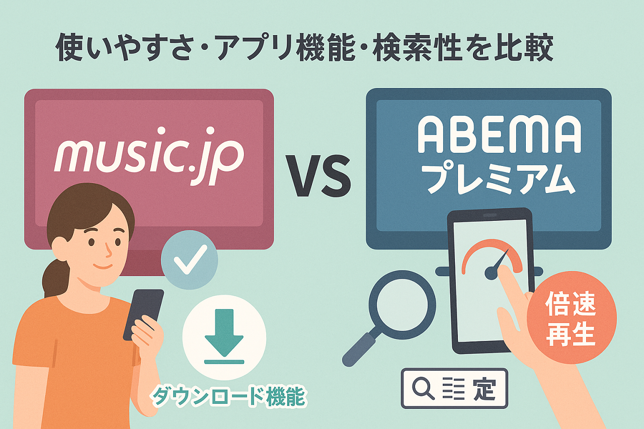 music.jpとABEMAプレミアムの使いやすさ・アプリ機能を比較する図解