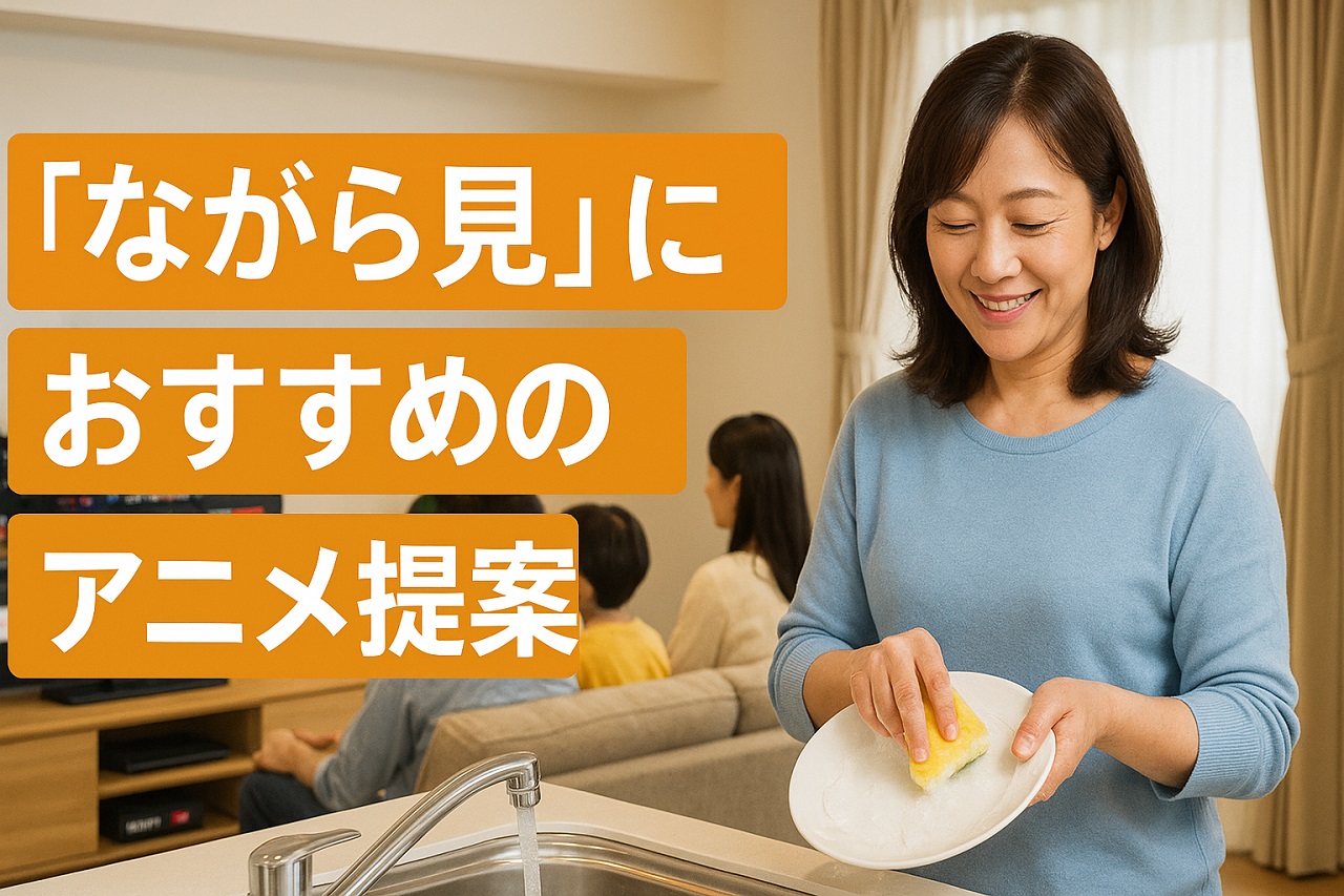 家事をしながらアニメを楽しむ主婦に向けた『ながら見におすすめのアニメ提案』を紹介するビジュアル