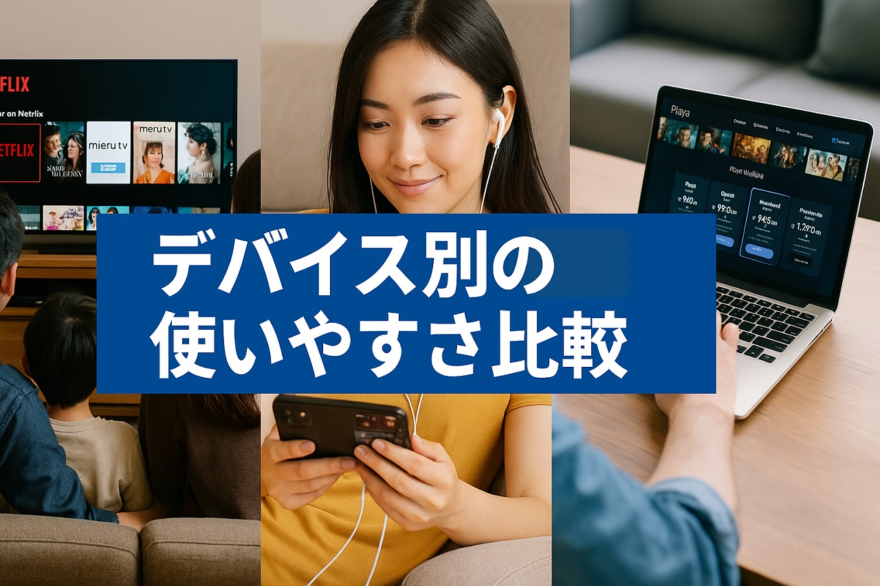 VODのデバイス別使いやすさを比較するシーン。女性がタブレットを見ながら、後ろにはテレビやノートPCも映る構成。