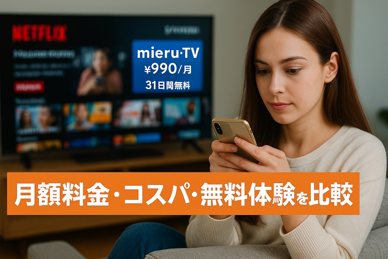 スマホで料金を調べる女性と、テレビに表示されたVODの月額料金や無料体験情報が映る構成。