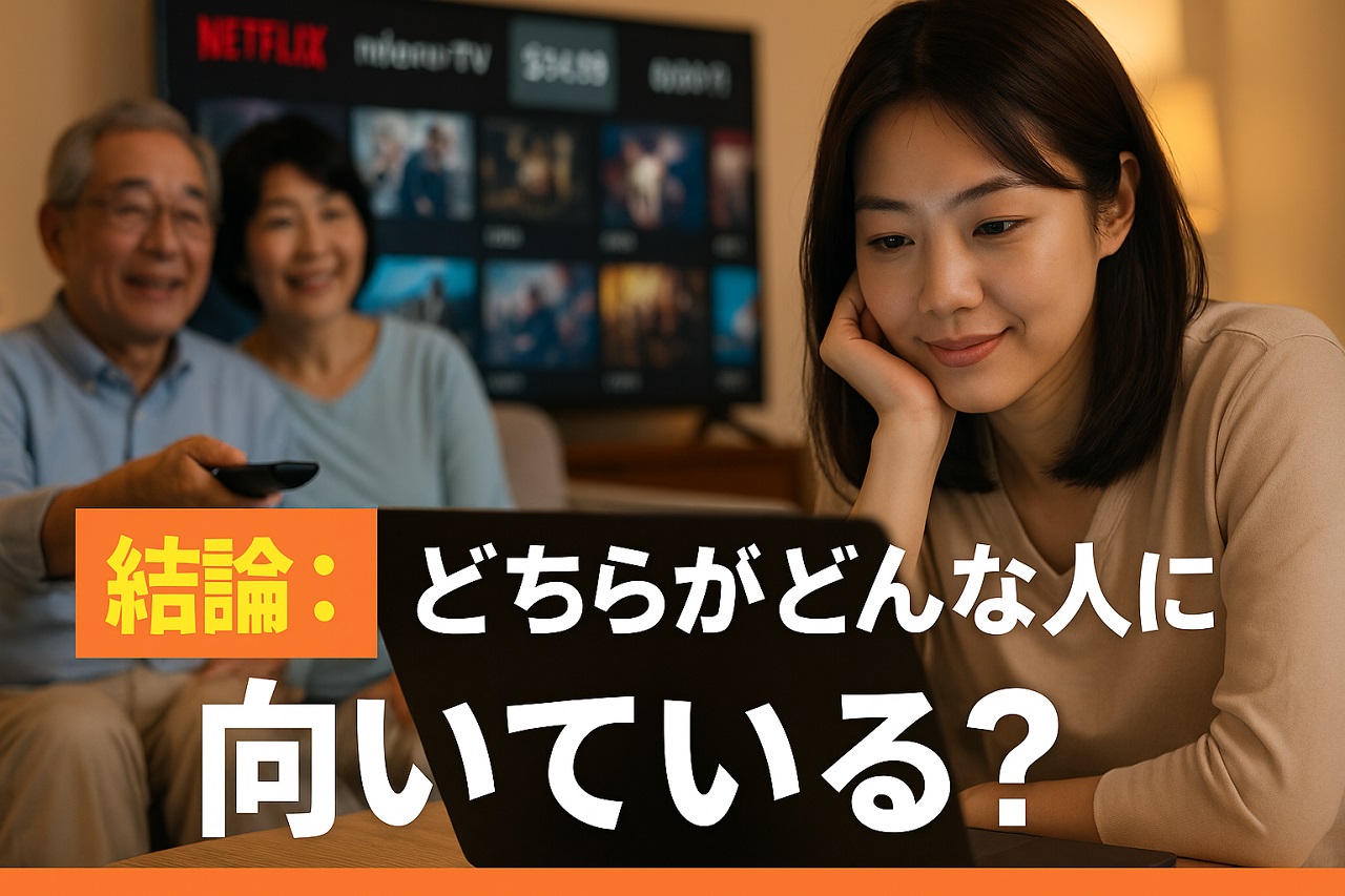 若い女性がノートPCでVODを視聴し、後方には高齢夫婦がテレビで同じく視聴するシーン。
