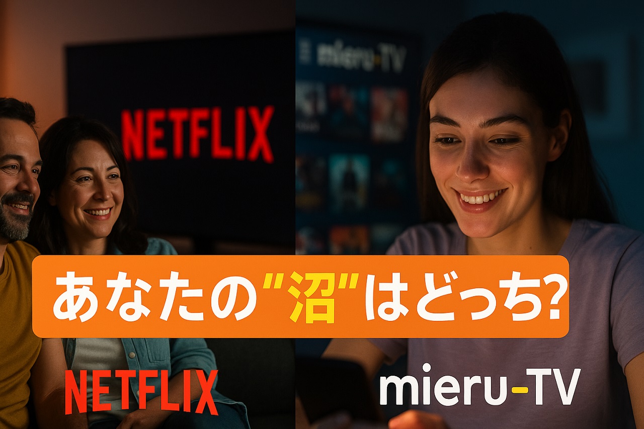 Netflixとmieru-TVを左右で対比し、視聴中の男女の様子と『あなたの沼はどっち?』という問いを重ねた比較画像。