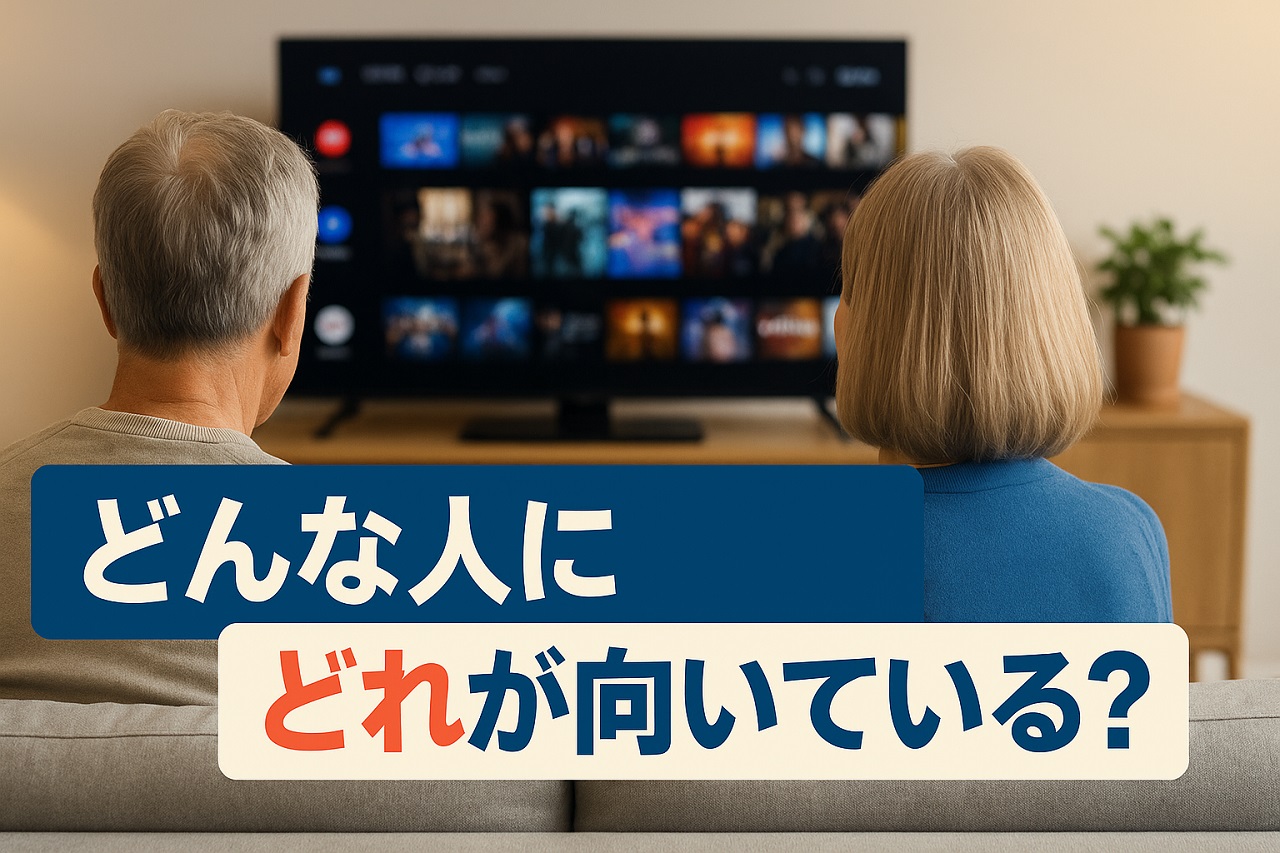 VODサービス3社の特徴を表形式で比較したシニア向けインフォグラフィック画像