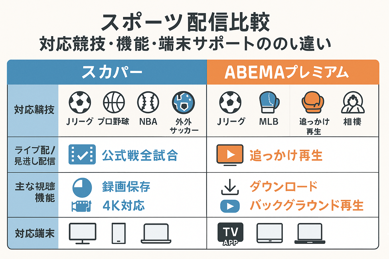 スカパーとABEMAプレミアムの対応スポーツ・機能・視聴端末の違いを比較した表