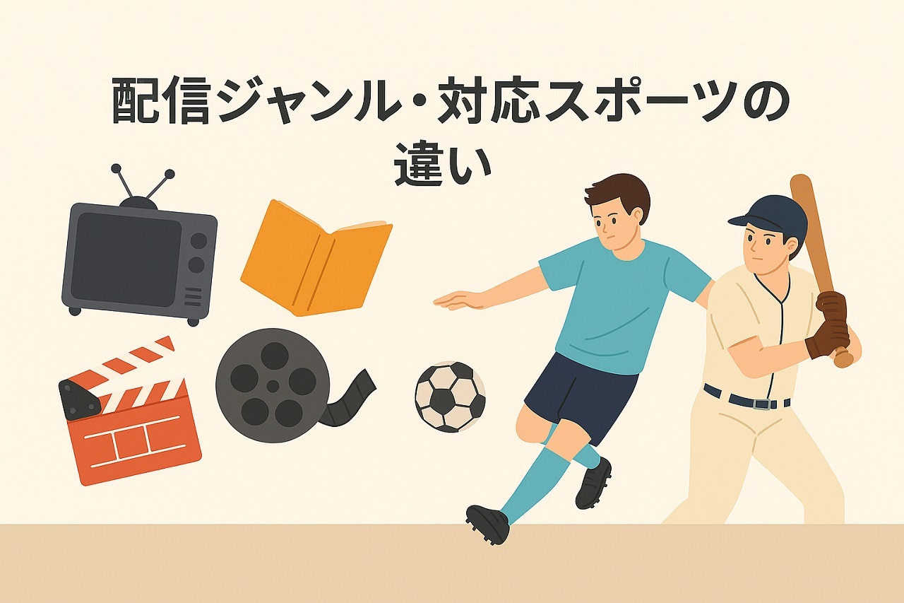 配信ジャンルや対応スポーツの違いを示した図。映画・バラエティといったエンタメ要素とサッカー・野球のスポーツ要素が対比的に描かれている