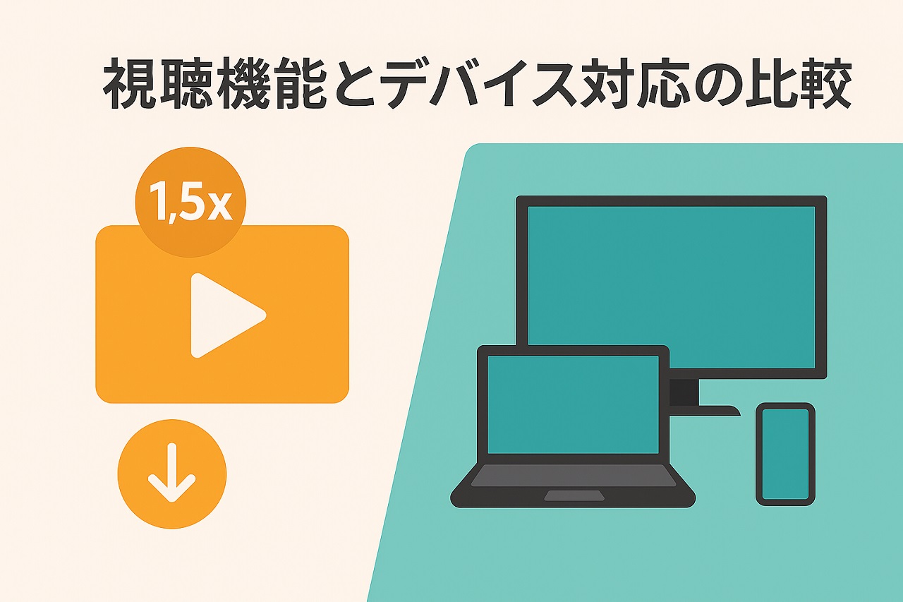倍速再生やダウンロードなどの視聴機能と、スマホ・PC・テレビといったデバイス対応の違いを表現したイラスト