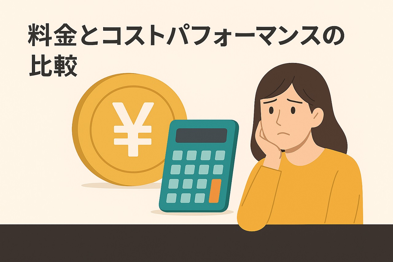 料金やコストパフォーマンスの違いに悩む女性と、円マークのコイン・電卓のイラストで構成された費用面の比較イメージ