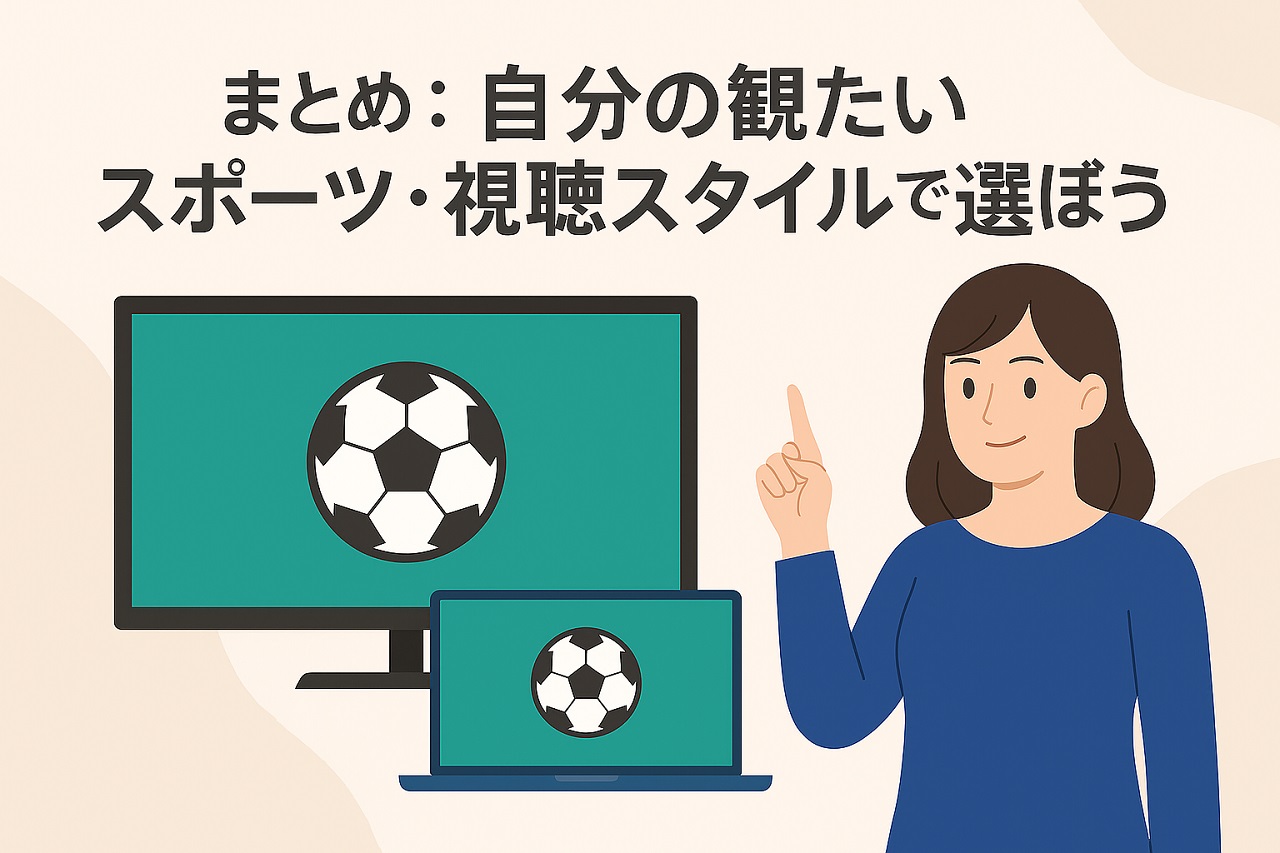 まとめ：視聴スタイルに合わせて選ぶことを促す女性のイラスト。テレビとノートPCでサッカーを視聴する様子を表現