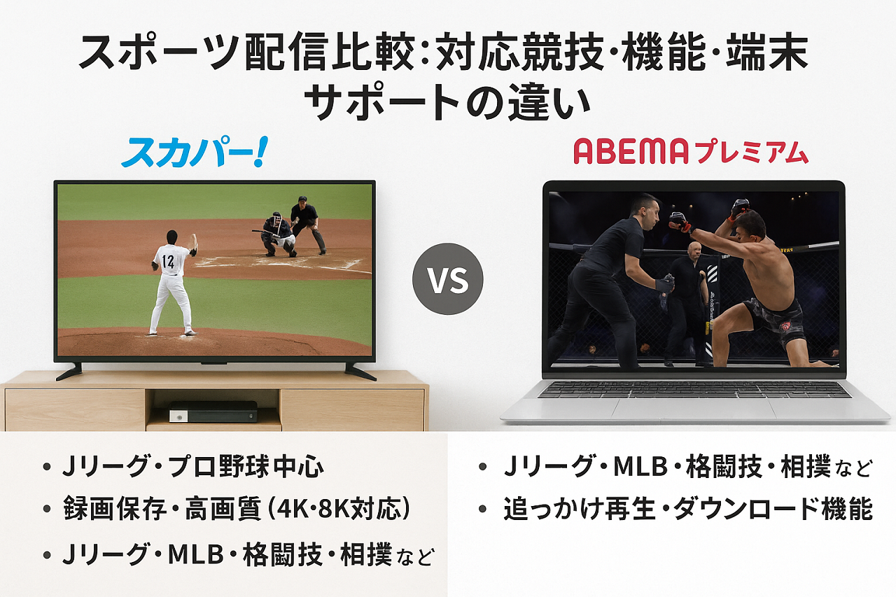 スカパーとABEMAプレミアムの対応スポーツ・機能比較表（Jリーグ、プロ野球、MLBなど）