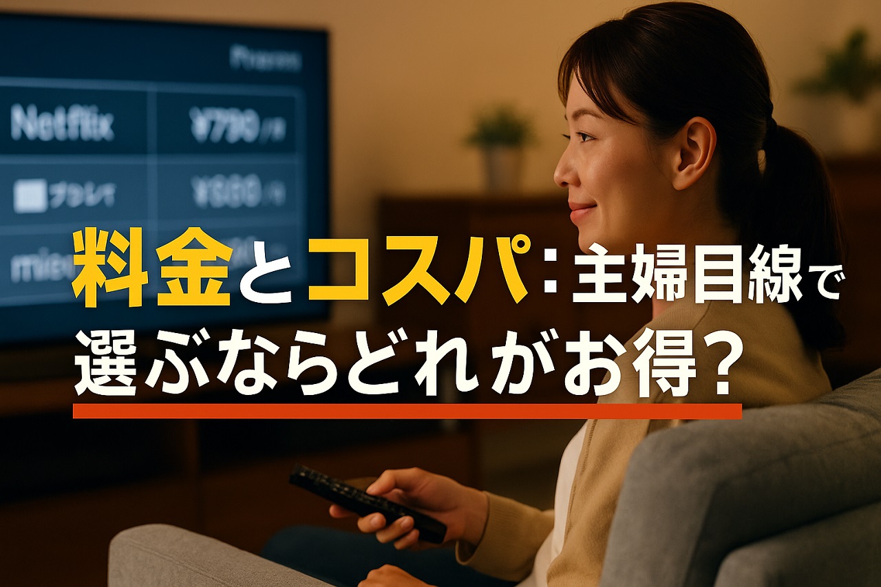料金とコスパを主婦目線で比較するイメージ画像（電卓と料金表グラフィック、U-NEXT・ABEMA・TVerなどの比較）