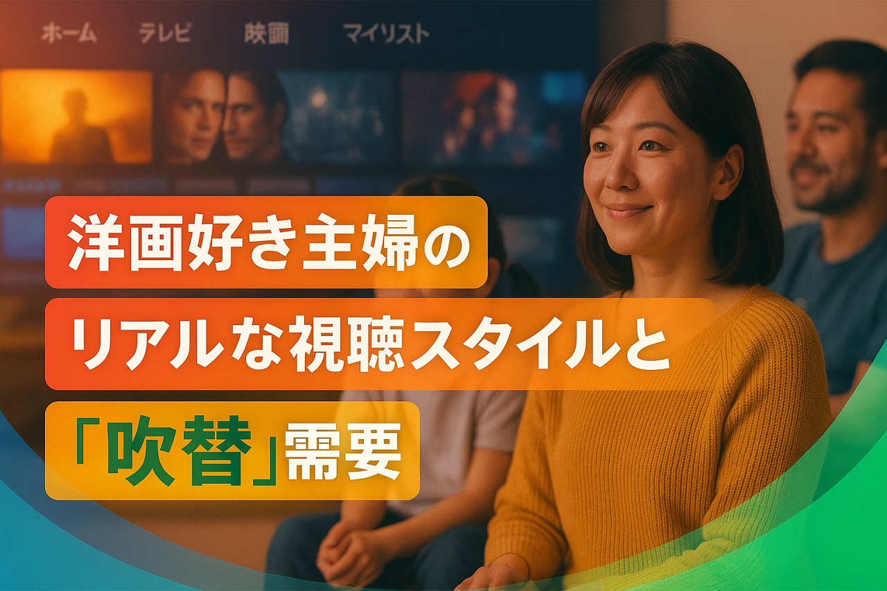 家事や育児の合間に洋画を楽しむ主婦。リビングで吹替映画を見ながらリラックスしている様子。