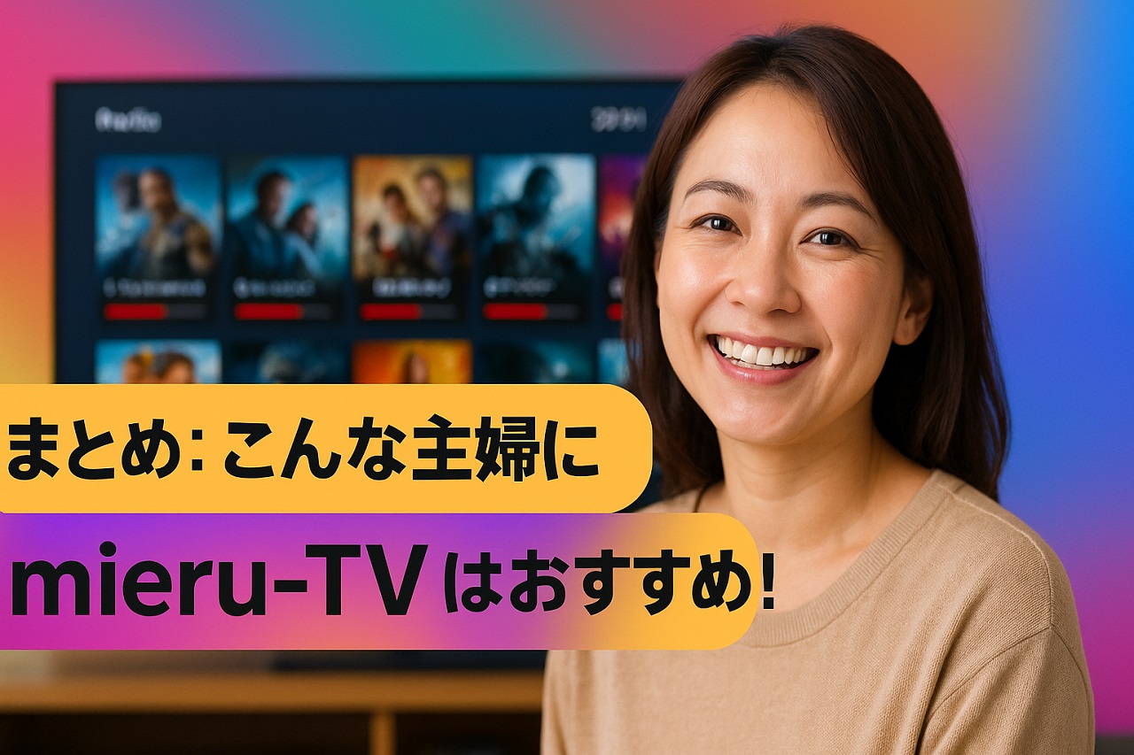 笑顔の主婦がテレビの前でリモコンを手にしながら、mieru-TVの吹替映画を選んでいるシーン。