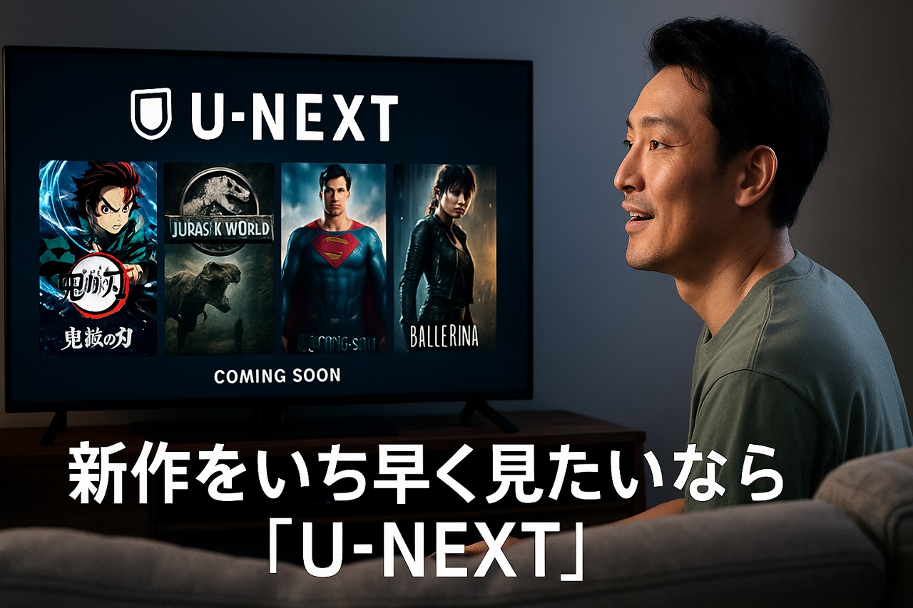 U-NEXTで新作映画をいち早くチェックする男性の様子