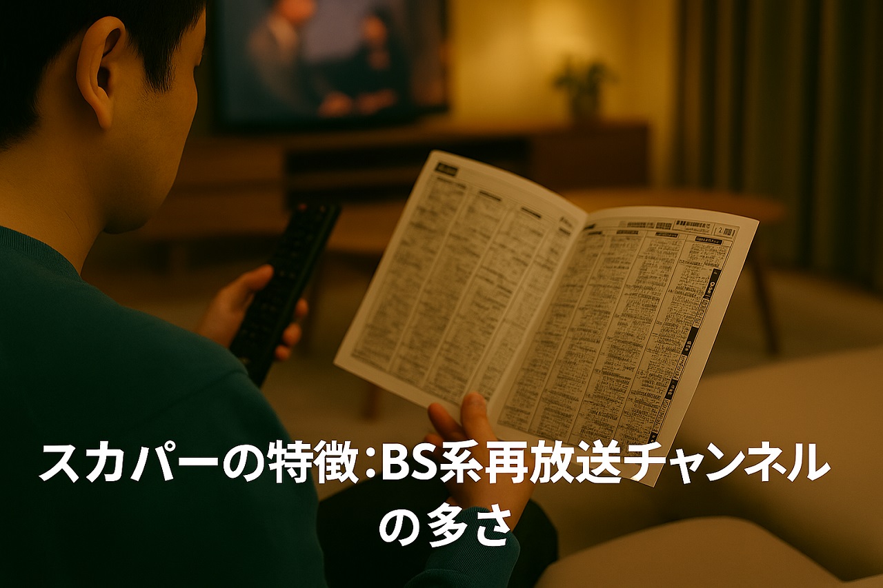 スカパーのBS系再放送チャンネルの多さを紹介する場面