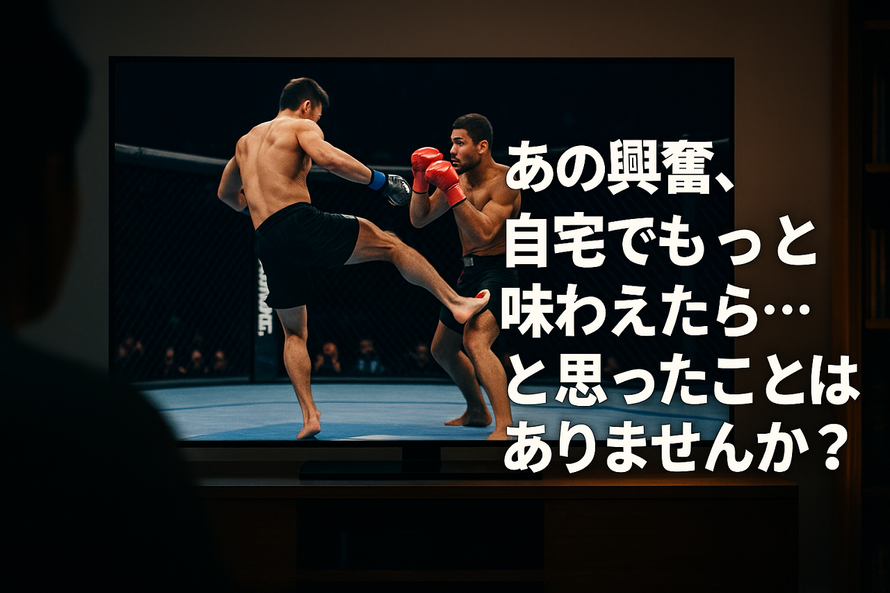 格闘技観戦を自宅で楽しみたいファンの興奮を描いた導入イメージ