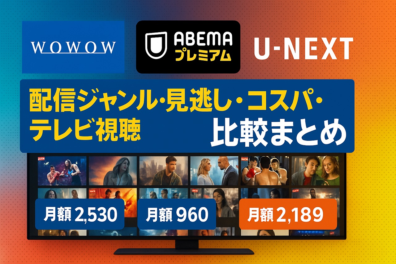 WOWOW・ABEMAプレミアム・U-NEXTの格闘技ジャンル・見逃し配信・テレビ対応・コスパを比較した視覚的なまとめ画像