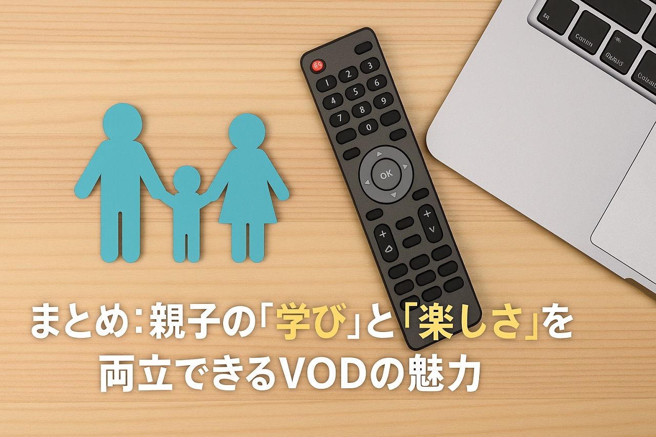 リモコンとパソコンが並ぶテーブル。親子の学びと楽しさを両立できるVODのまとめイメージ