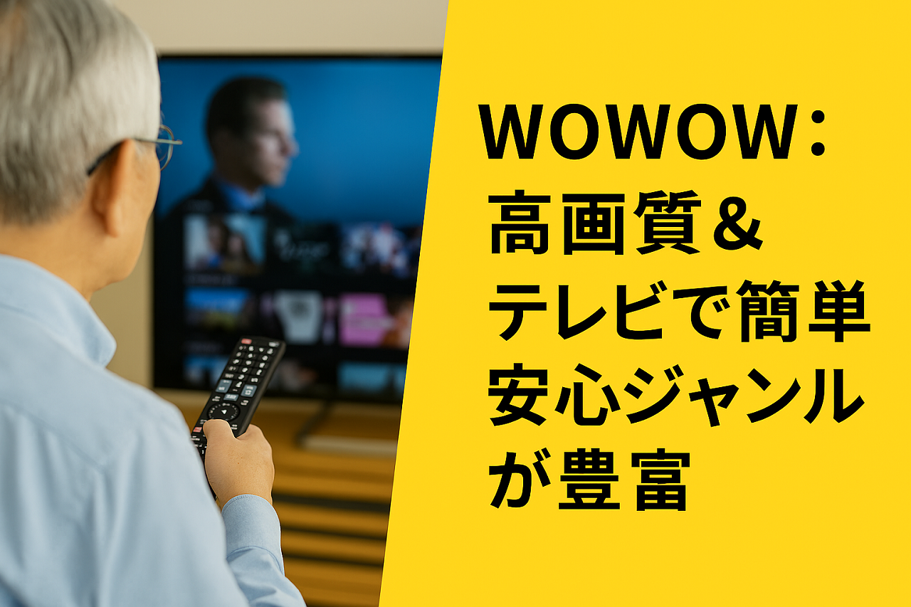 WOWOWの高画質な番組やテレビでの簡単操作をアピールするバナー画像。安心して楽しめるジャンルが豊富であることを強調。