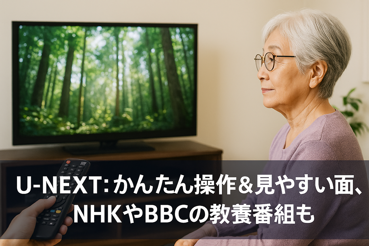 U-NEXTの特徴:かんたん操作と見やすい画面、NHKやBBCの番組も豊富なことを示す画像