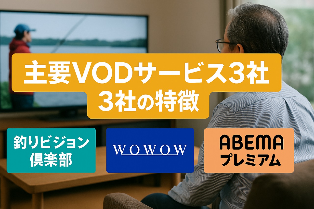 趣味特化型VOD3社（釣りビジョン倶楽部・WOWOW・ABEMAプレミアム）の特徴を伝える比較イメージ